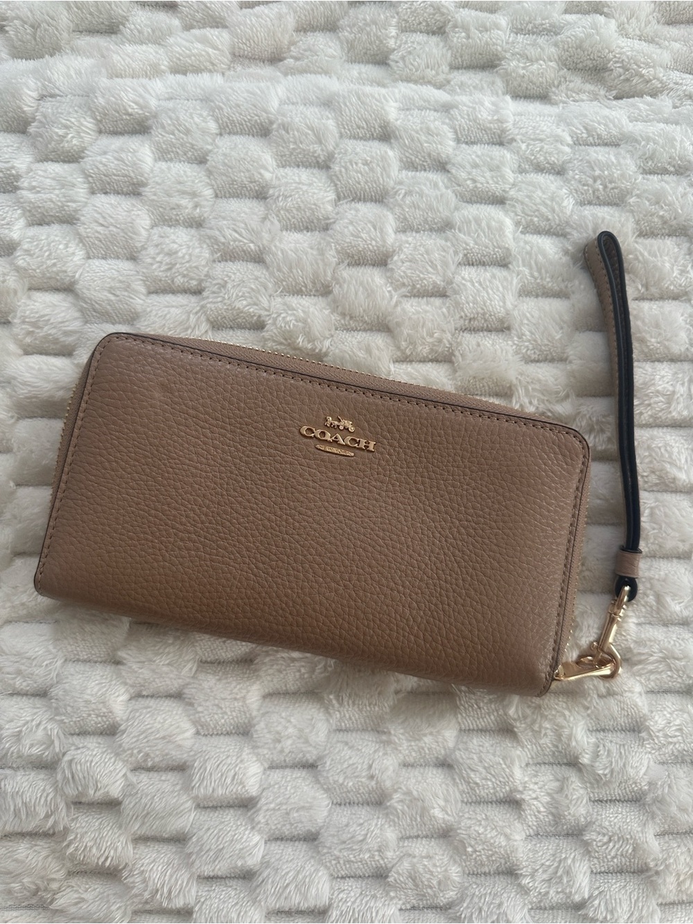 Coach Brown Pebbled Leather Zip-Around Wristlet Wallet with Gold Logo